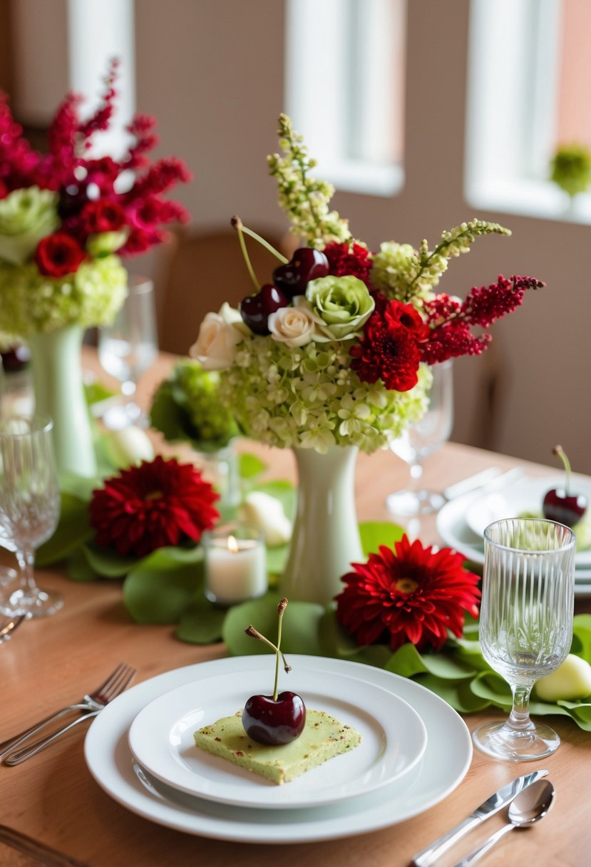 A table set with a light cherry and pistachio delight themed wedding centerpiece, featuring red and green floral arrangements and decor