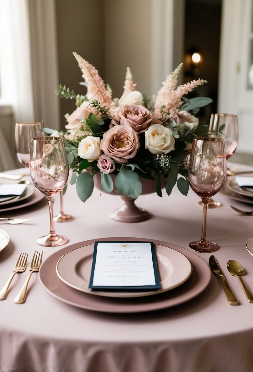 A dusty pink and mauve wedding table setting with floral centerpieces and elegant place settings