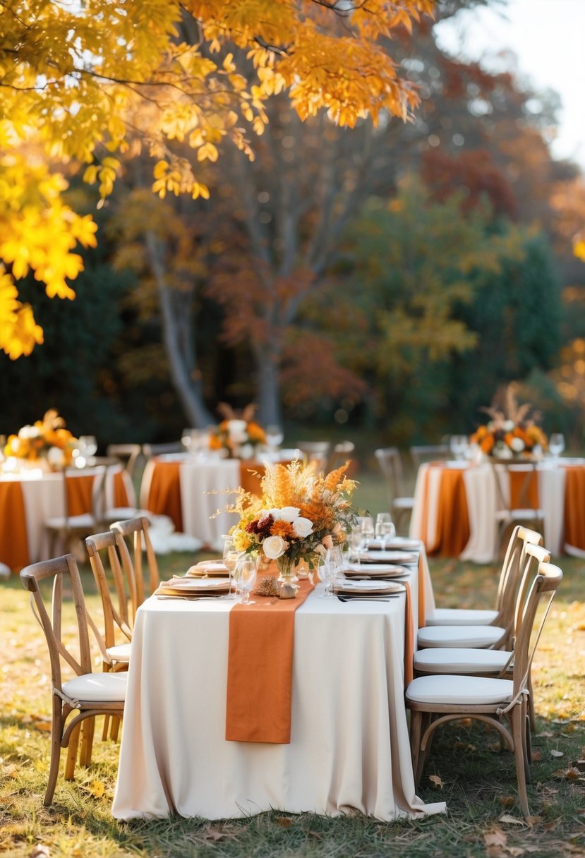 A rustic outdoor wedding setting with beige and rust orange decor, surrounded by autumn foliage and warm sunlight