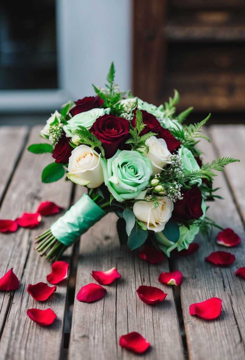 A mint green and mahogany wedding bouquet sits on a rustic wooden table, surrounded by scattered red rose petals