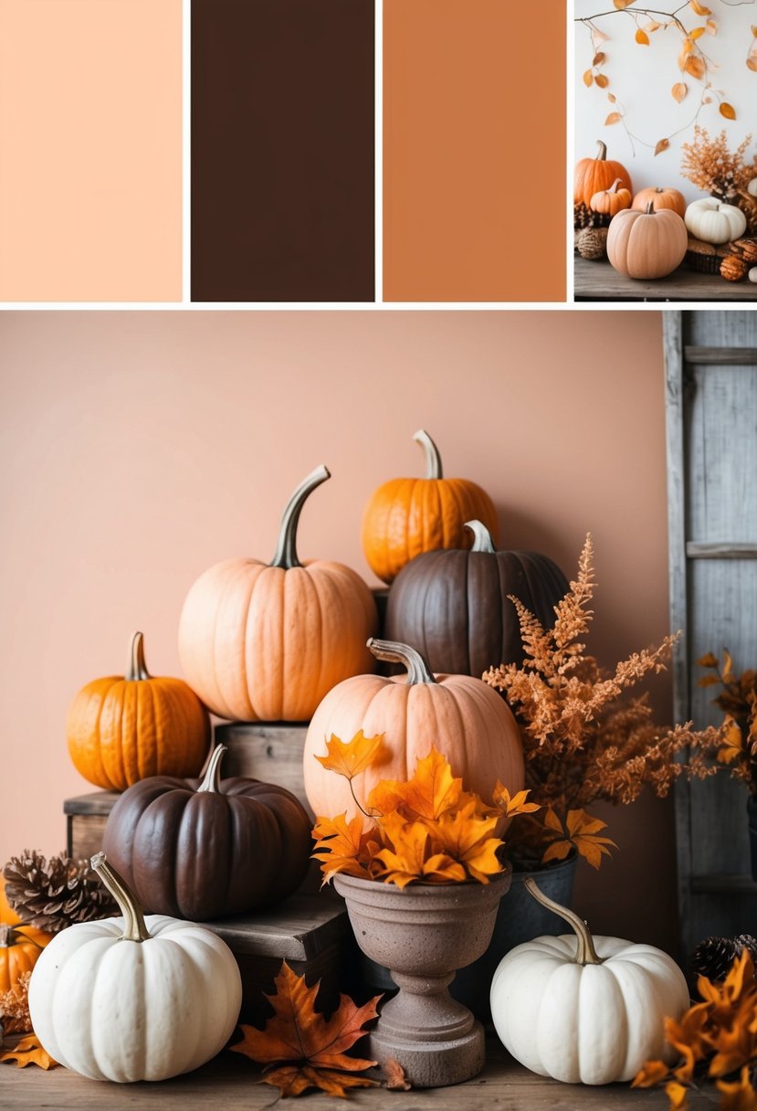 A soft peach and chocolate brown palette with hints of orange, featuring fall foliage, pumpkins, and rustic decor