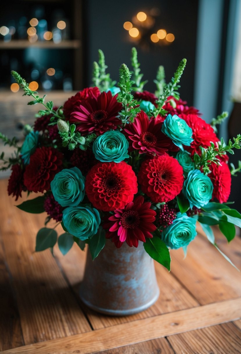 A vibrant bouquet of garnet red and teal green flowers in a rustic vase on a wooden table