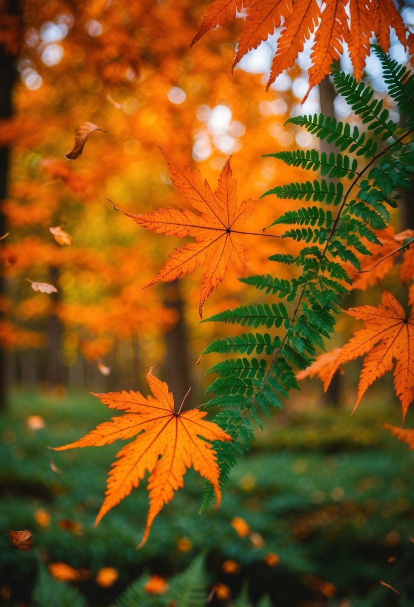 A vibrant orange and green autumn forest with falling leaves and ferns