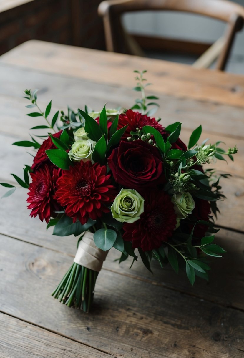 A dark ruby red and jade green wedding bouquet resting on a rustic wooden table