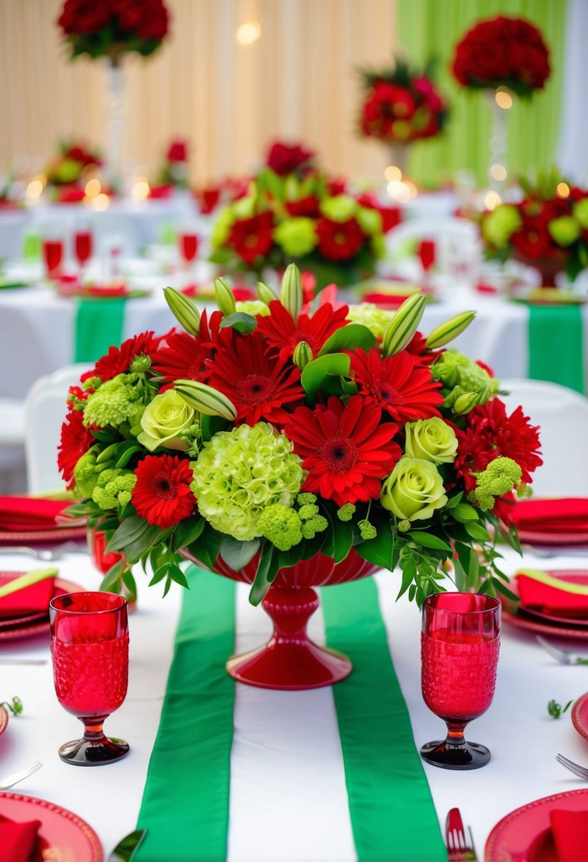 A vibrant scarlet and lime green floral arrangement adorns a wedding table, with red and green accents throughout the decor