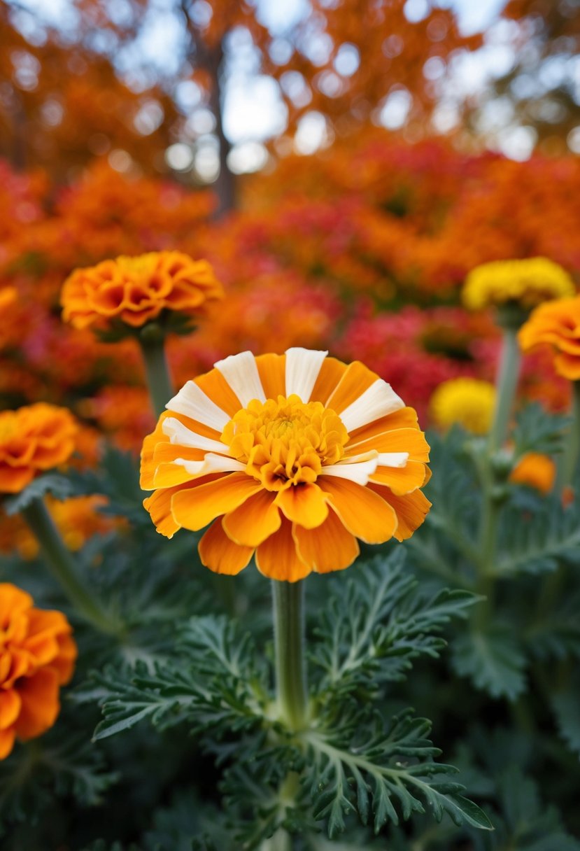 A vibrant marigold flower with ivory accents against a backdrop of rich orange fall foliage