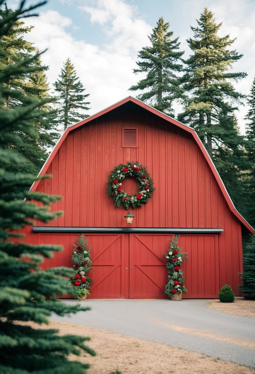 A rustic red barn surrounded by spruce green pine trees, with red and green floral arrangements adorning the exterior