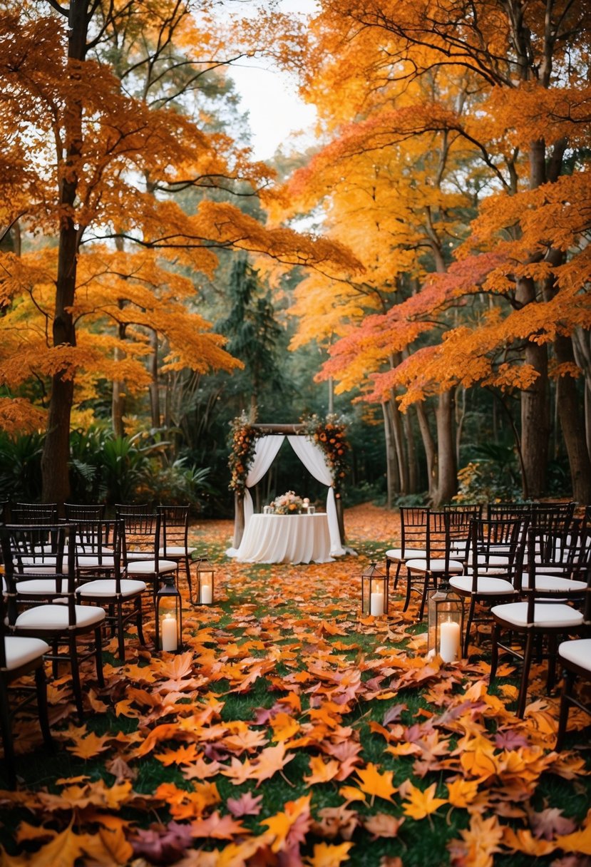 A lush autumn forest with vibrant orange and plum-colored leaves covering the ground and surrounding a romantic outdoor wedding setup