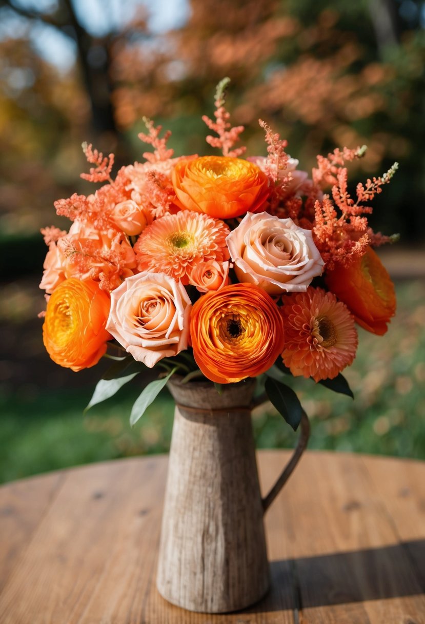 A lush coral orange and champagne orange fall wedding bouquet in a rustic wooden vase