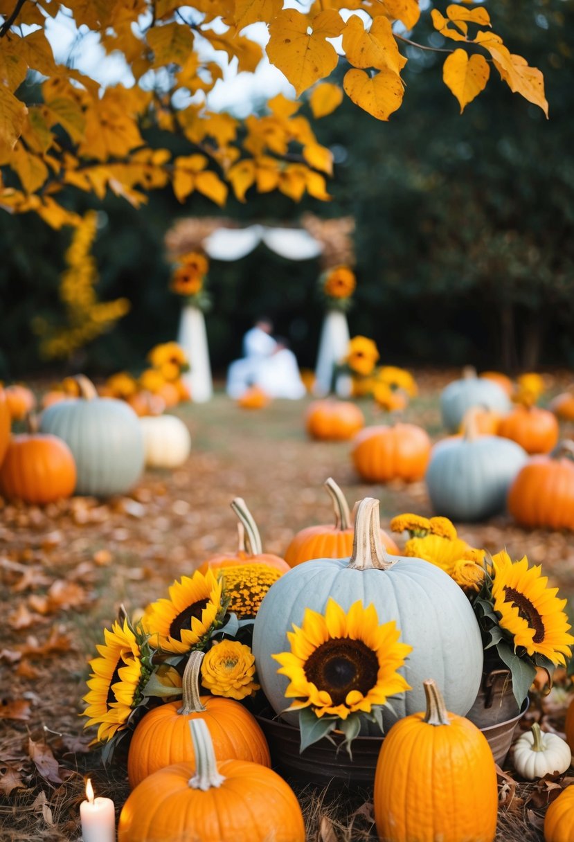 A rustic outdoor wedding with pumpkins, sunflowers, and autumn leaves in deep orange and mustard yellow hues