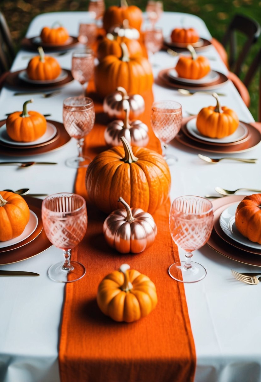 An orange and rose gold autumn wedding table setting with pumpkins and metallic accents