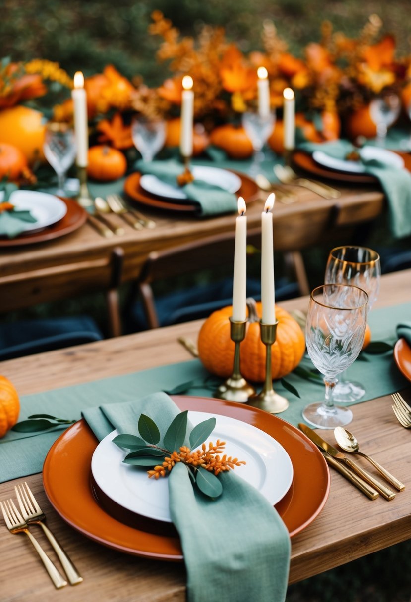 A terracotta and sage green wedding table setting with orange fall foliage and candles