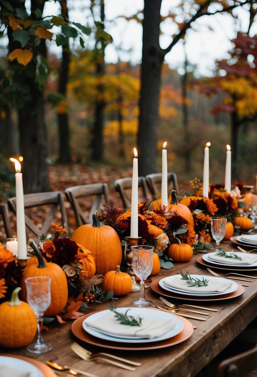 A rustic wedding table adorned with pumpkin orange and burgundy orange floral arrangements, surrounded by autumn leaves and candles