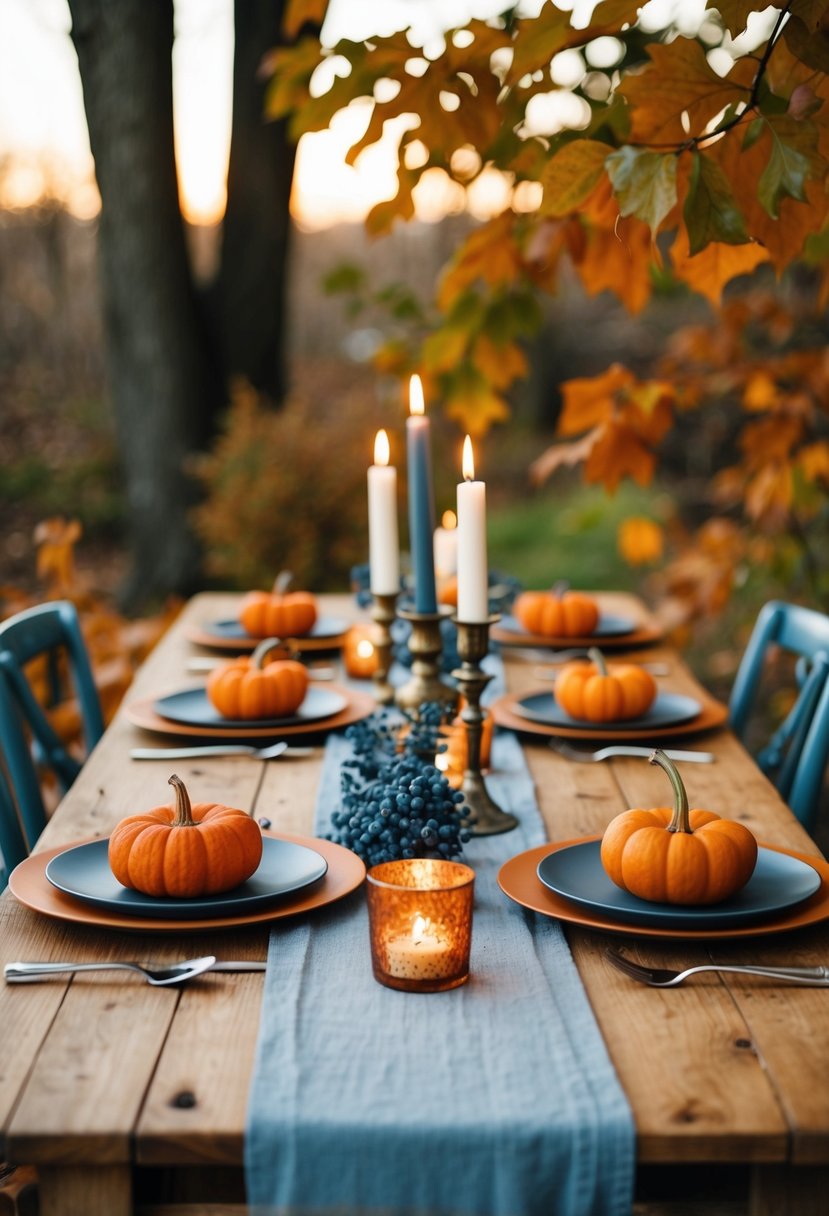 A rustic table setting with orange and dusty blue decor, surrounded by autumn foliage and warm candlelight