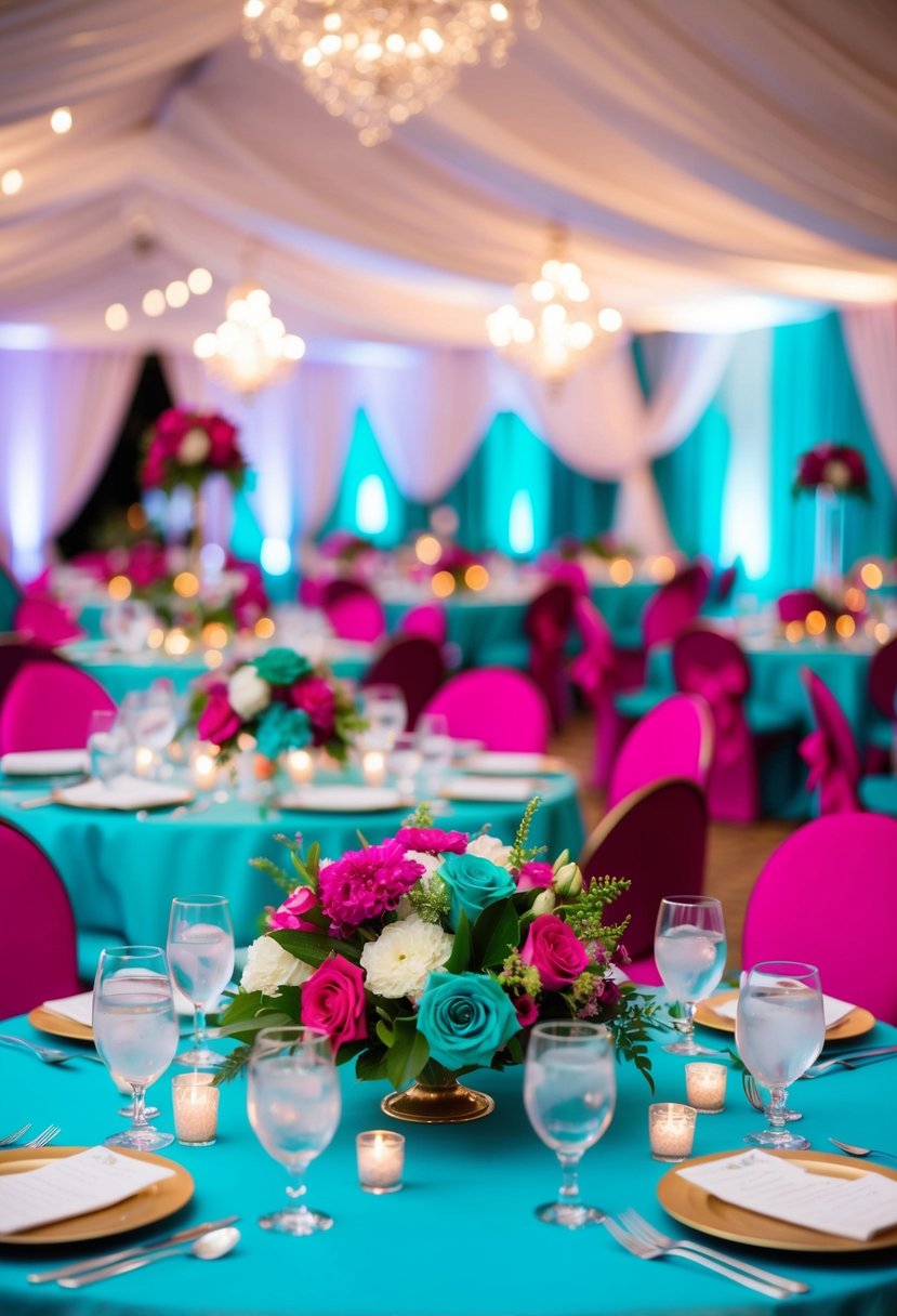 A teal and fuchsia wedding scene with vibrant floral arrangements, elegant table settings, and romantic lighting