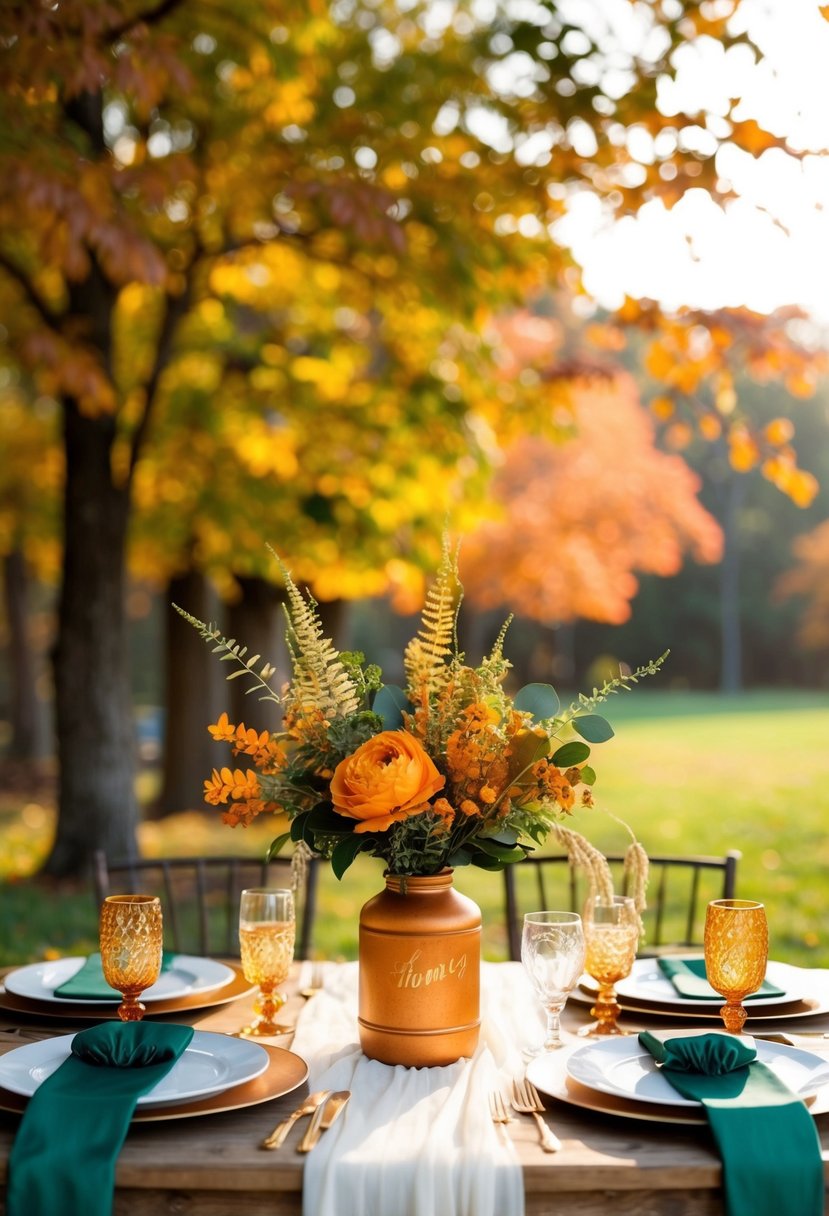 A rustic outdoor wedding setting with honey orange and forest green decor, surrounded by autumn foliage and warm sunlight