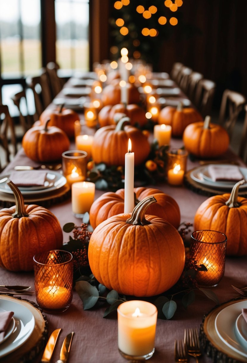 A cozy autumn wedding reception with ember orange and mauve orange decor, featuring pumpkins, candles, and rustic wooden accents