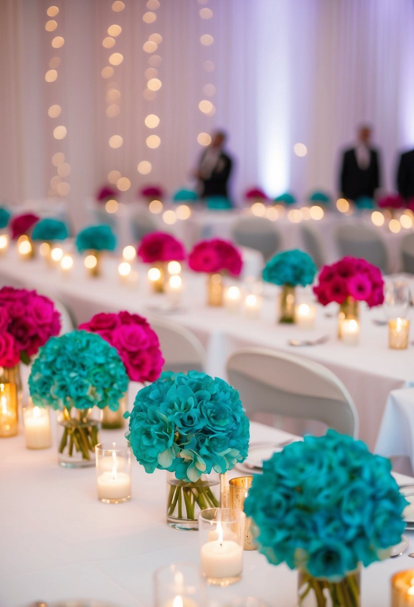 Teal and fuchsia centerpieces arranged on a white tablecloth, surrounded by flickering candlelight, creating a romantic and elegant wedding ambiance