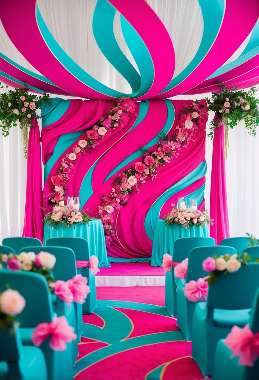 A whimsical fuchsia and teal ceremony backdrop with swirling patterns and floral accents, creating a vibrant and enchanting atmosphere