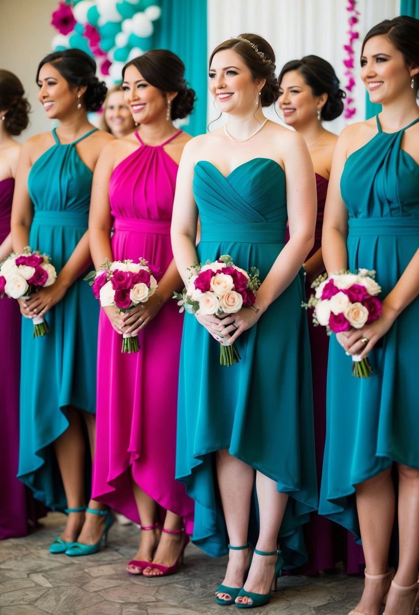 A group of bridesmaids in teal and fuchsia dresses stand in a line, holding bouquets of matching flowers. The wedding backdrop features a mix of teal and fuchsia decorations