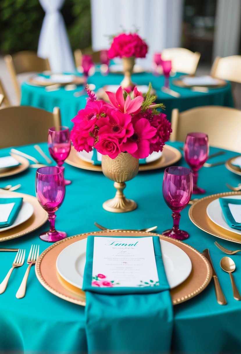 Teal and gold table settings adorned with vibrant fuchsia floral accents, perfect for a teal and fuchsia wedding theme