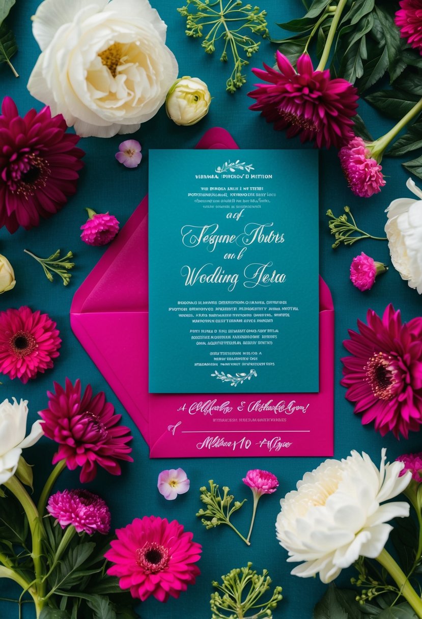 A teal and fuchsia wedding invitation surrounded by vibrant floral arrangements and elegant calligraphy