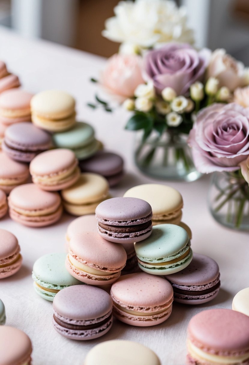 A delicate display of pastel macarons in dusty pink and mauve, arranged as sweet wedding favors