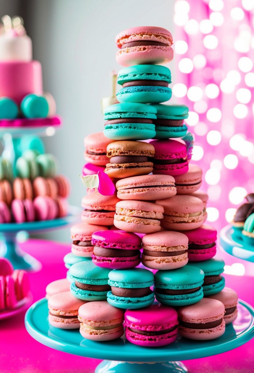 A fuchsia and teal dessert table adorned with towering macarons