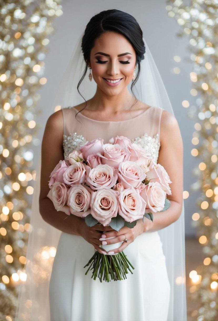 A bride holding a bouquet of blush pink roses, surrounded by shimmering gold accents and soft pastel hues