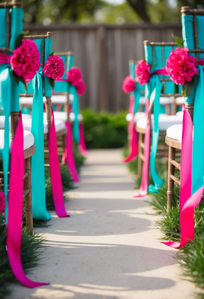 Teal and fuchsia flowers and ribbons adorn a rustic chic wedding aisle