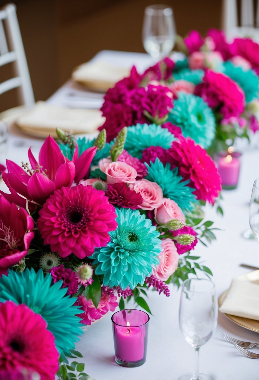 Vibrant fuchsia and teal flowers arranged in an elegant wedding centerpiece