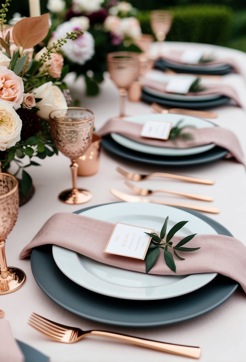 A wedding table set with rose gold cutlery, blush napkins, and floral centerpieces in coordinating colors