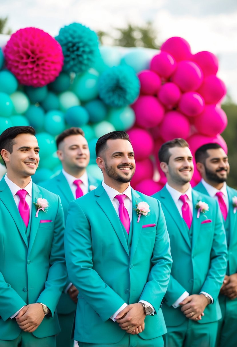 Groomsmen in teal suits with fuchsia ties stand in a line, against a backdrop of teal and fuchsia wedding decor