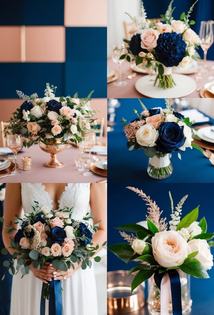 A navy blue and rose gold color palette with elegant wedding decor and floral arrangements