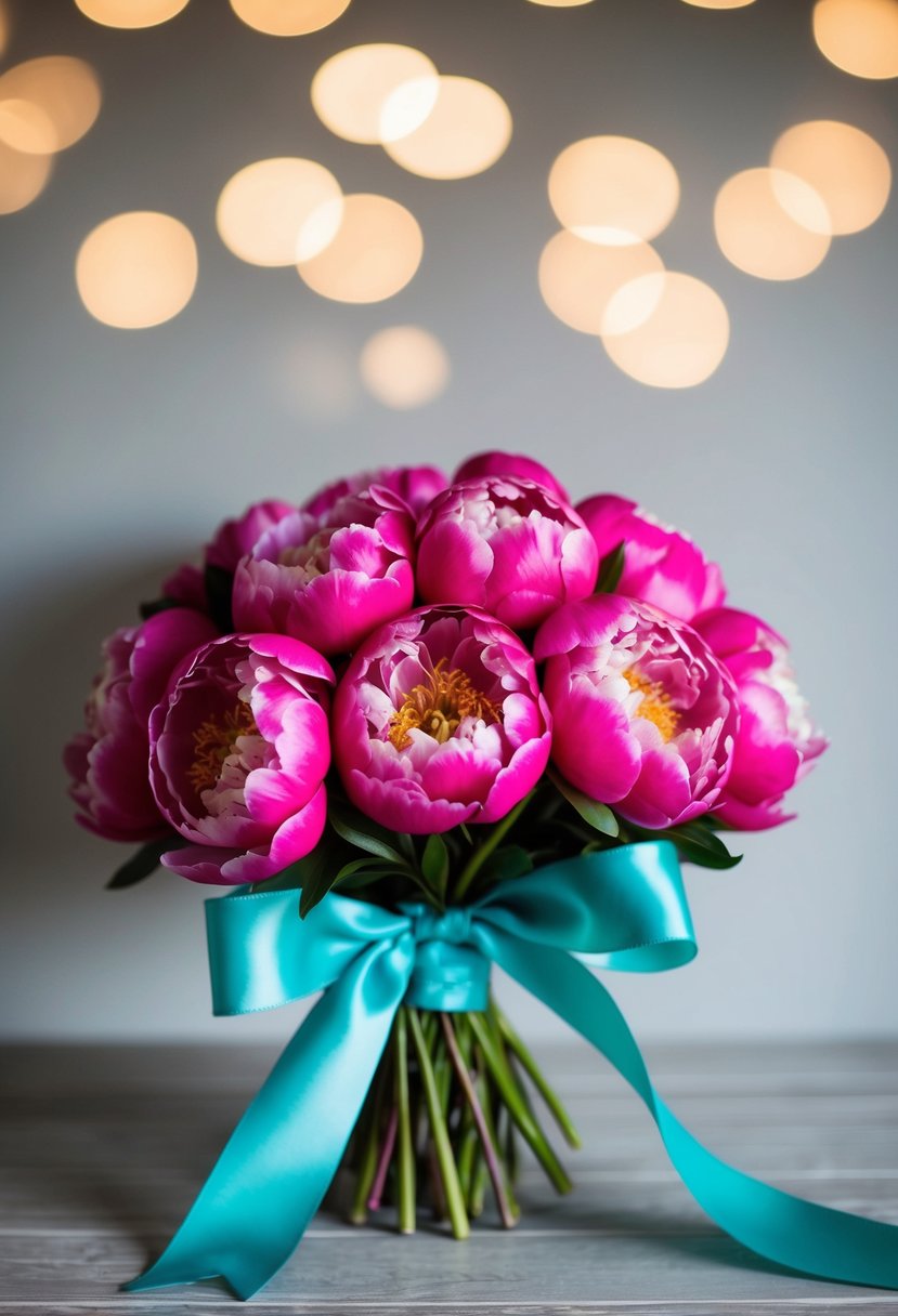 A vibrant fuchsia peony bouquet tied with teal ribbons