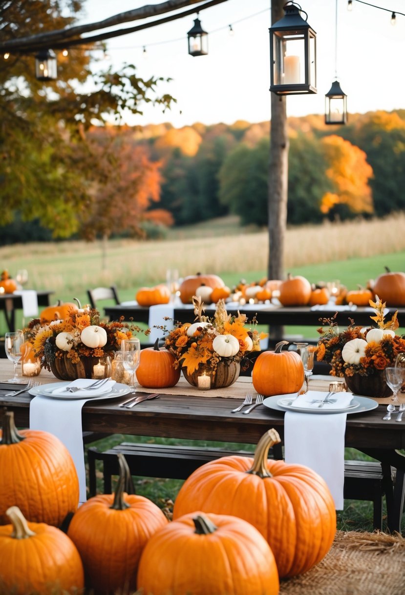 A rustic outdoor wedding with pumpkins as centerpieces, hanging lanterns, and fall foliage