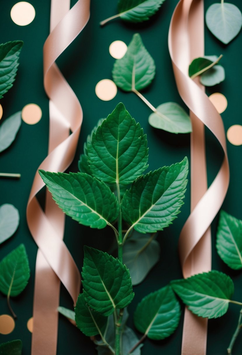 Emerald green leaves intertwined with rose gold ribbons and accents