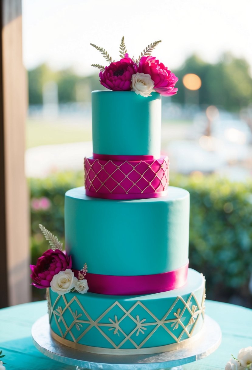 A three-tiered wedding cake with chic teal and fuchsia color scheme, adorned with elegant floral and geometric designs