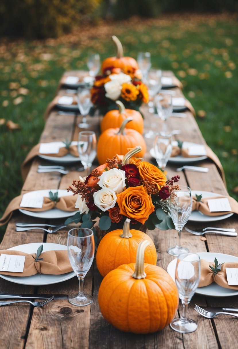 A rustic wooden table adorned with autumnal rose and pumpkin centerpieces, creating a warm and inviting atmosphere for a wedding celebration