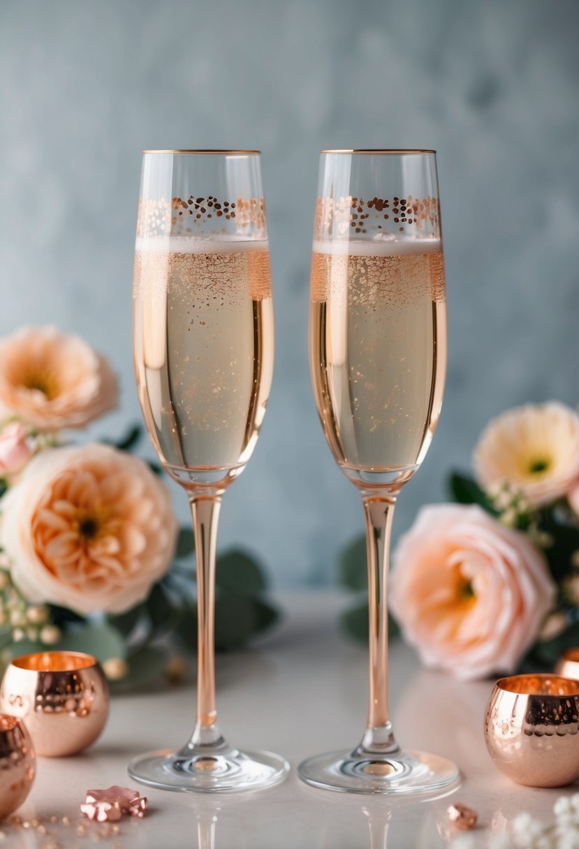 A pair of champagne flutes with rose gold undertones, surrounded by delicate rose gold decor and flowers