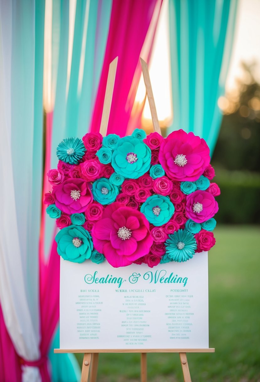 A fuchsia and teal wedding seating chart with vibrant color accents