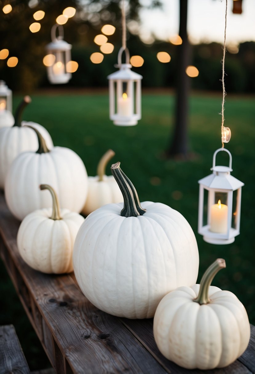 Several white pumpkins with hanging lanterns for wedding decor