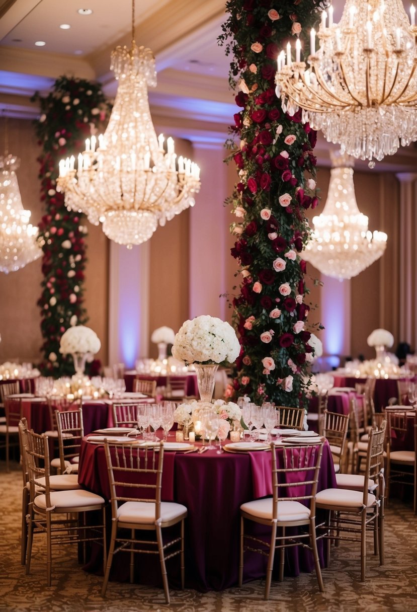 A grand ballroom adorned in burgundy and rose gold decor, with cascading floral arrangements and glistening chandeliers