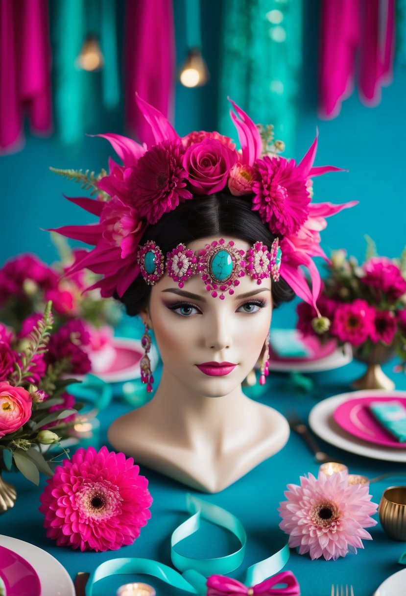 A bohemian fuchsia and teal bridal headpiece surrounded by vibrant fuchsia and teal wedding decor, such as flowers, ribbons, and table settings