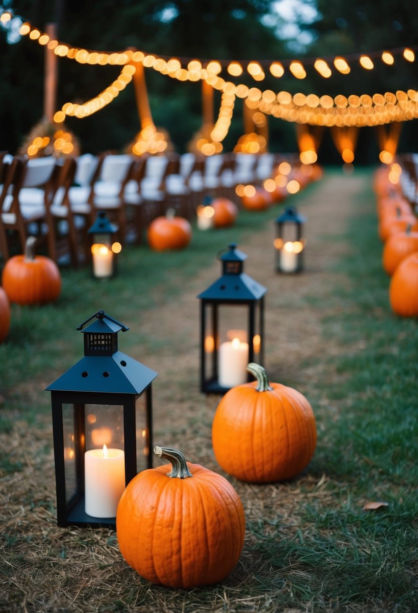 Pumpkin aisle markers with lanterns illuminate a rustic wedding decor scene