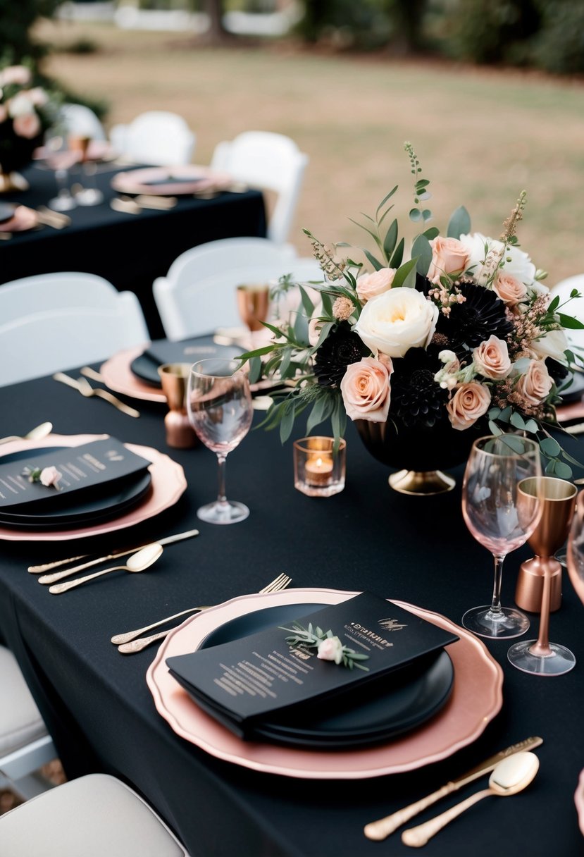 A black and rose gold wedding table setting with contrasting metallic accents and floral arrangements