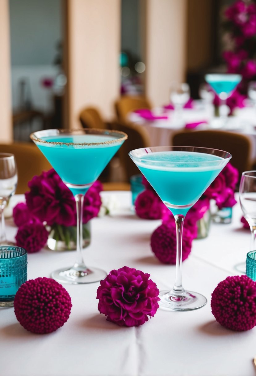 Two elegant cocktails in teal and fuchsia hues sit on a table surrounded by wedding decor in the same colors