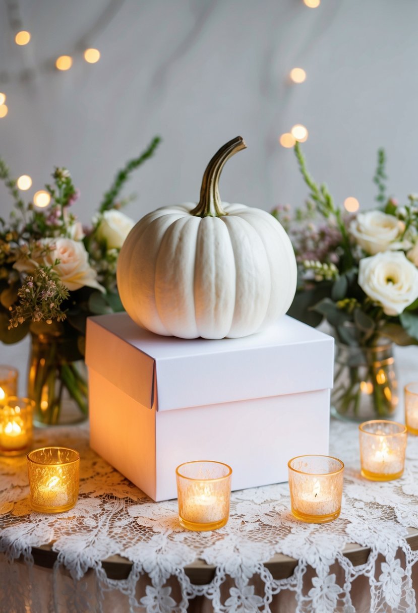 An elegant white pumpkin card box sits atop a lace-covered table surrounded by delicate floral arrangements and twinkling tea lights