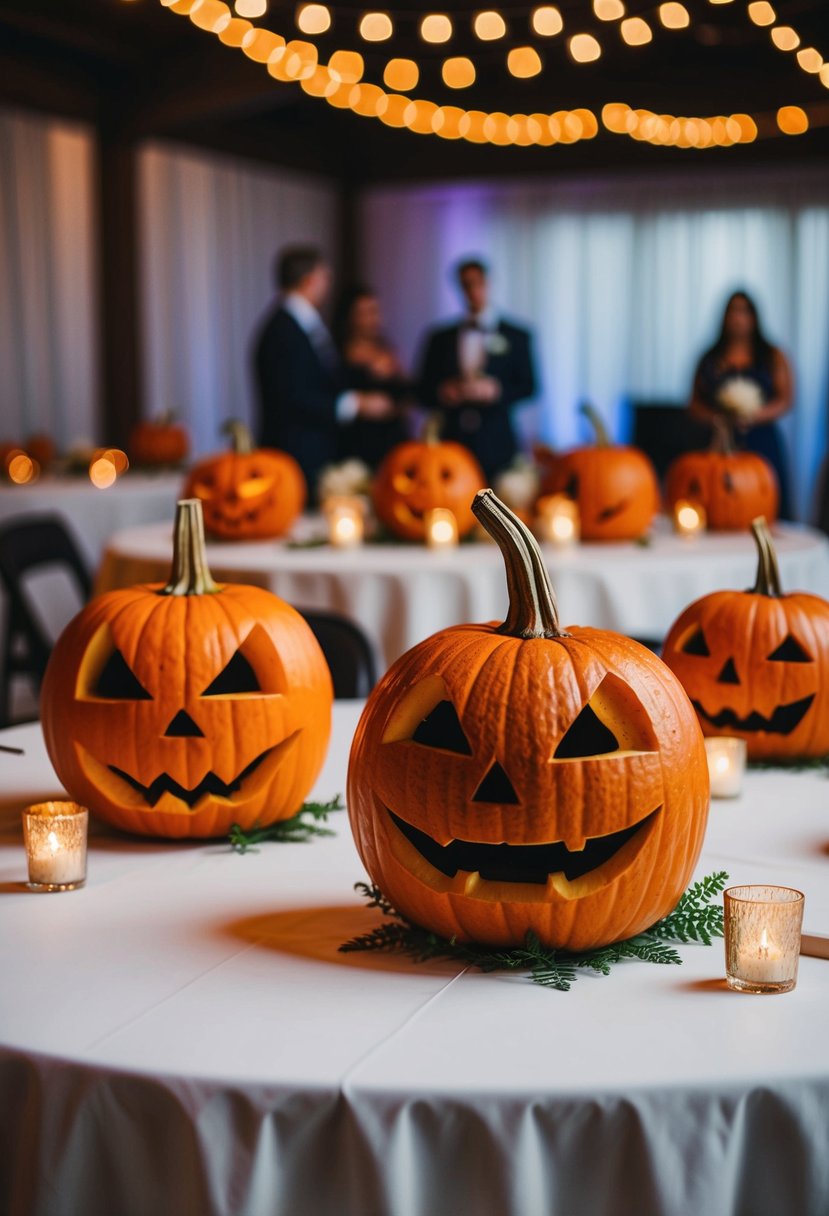 Carved pumpkins with numbers on tables at a wedding reception