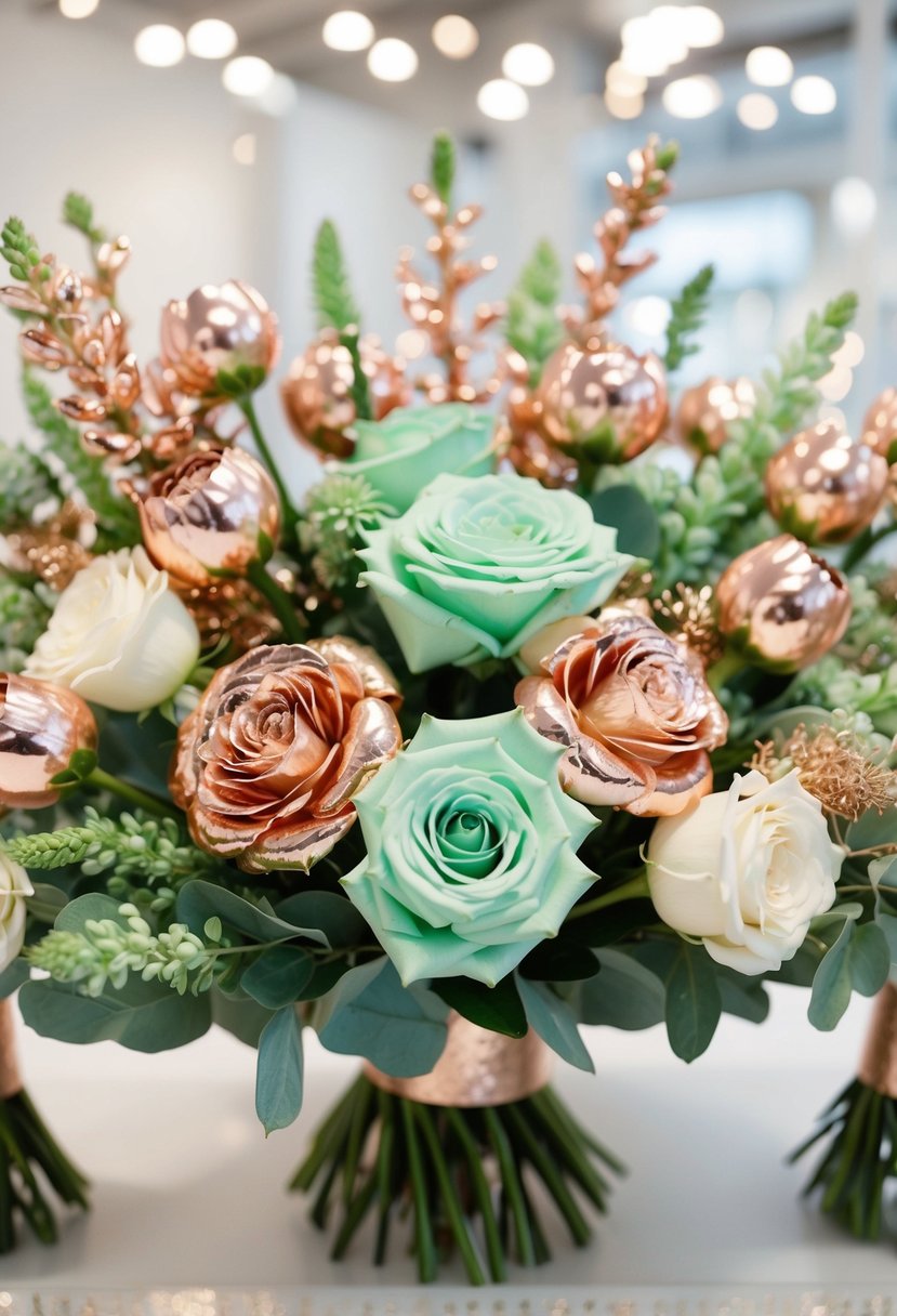 A bouquet of rose gold and mint green flowers arranged in a harmonious display